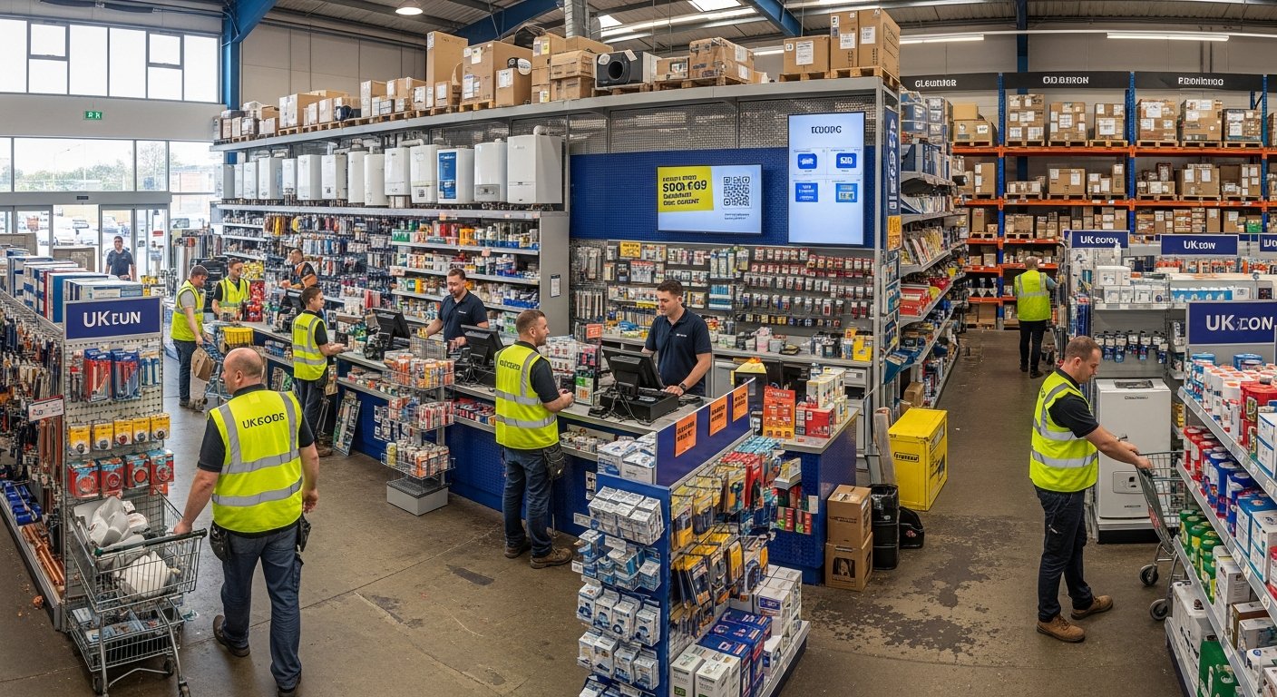 Interior of James Hargreaves trade counter in Garforth, Leeds showing copper pipes, brass fittings and professional staff assisting tradespeople