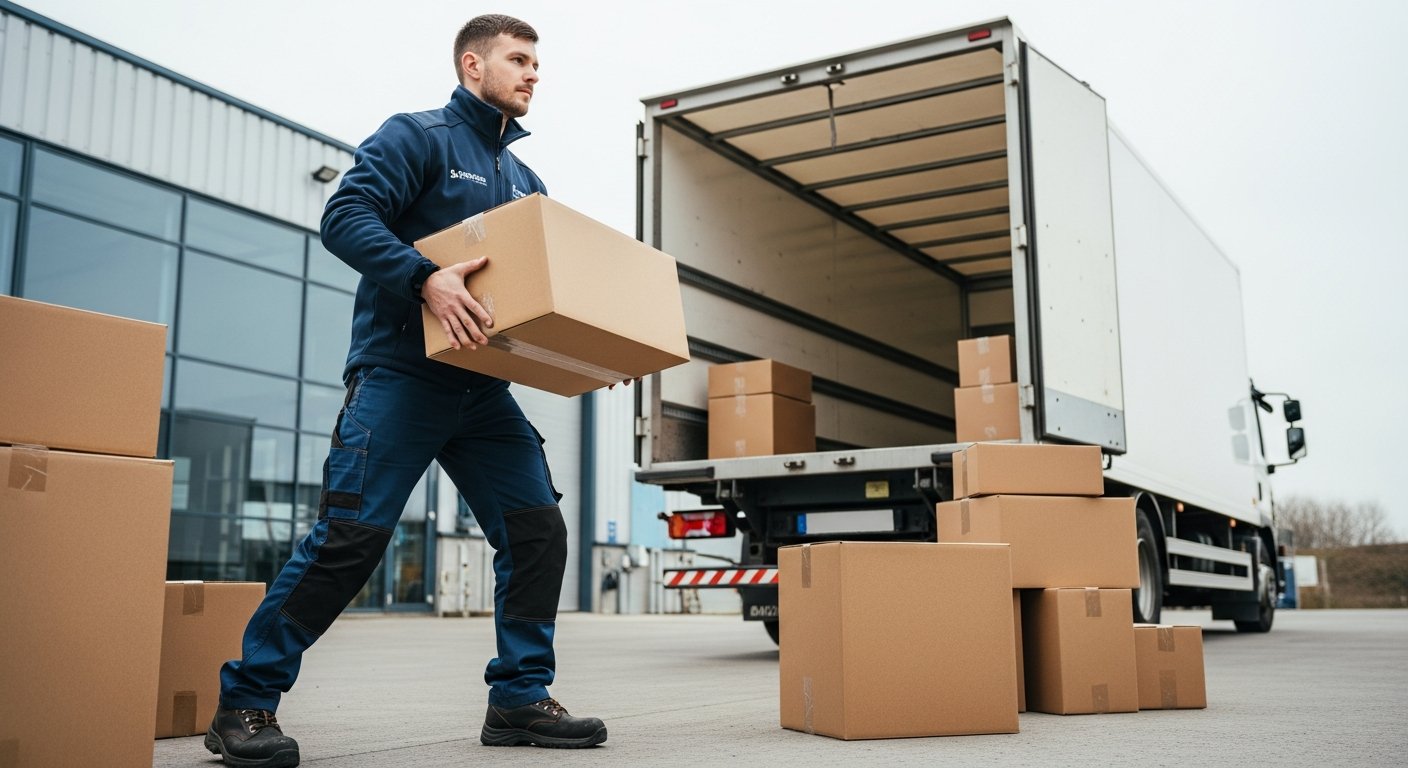 Tradesperson loading plumbing supplies into a van outside the James Hargreaves trade counter in Garforth