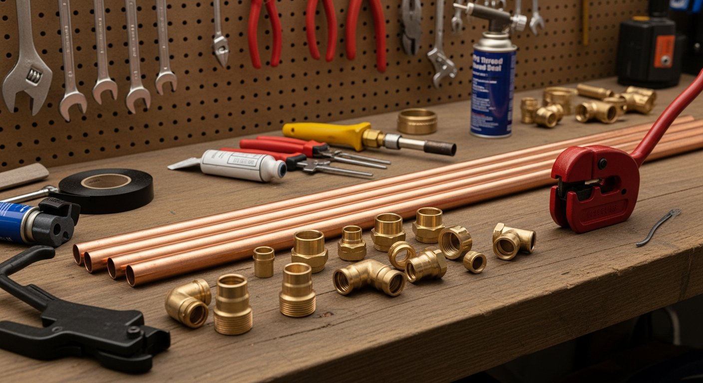 Plumbing components including copper pipes, brass compression fittings, pipe cutter and PTFE tape arranged on a workbench